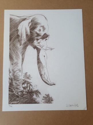 La lithographie de Jean-François Charles intitulée « Femme et éléphant » (40 × 50 cm) représente, en noir et blanc, un éléphant dont la trompe s'enroule autour d'une femme nue, tous deux contemplant sereinement un paysage boisé. L'œuvre est signée dans le coin inférieur droit.
