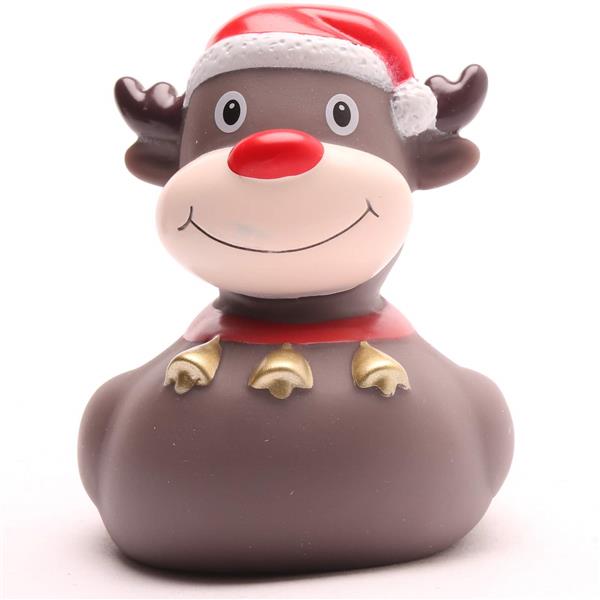 Un jouet en caoutchouc en forme de renne, coiffé d'un bonnet de Père Noël rouge et portant un collier rouge orné de clochettes dorées, qui sourit avec un gros nez rouge.