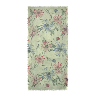 Le foulard en bambou Innbamboo De Nittis vert est un foulard rectangulaire de couleur vert clair, aux bords effilochés, orné d'un motif floral dans les tons rose, bleu et vert. De grandes fleurs et des touches de feuillage sont réparties avec art sur le tissu.