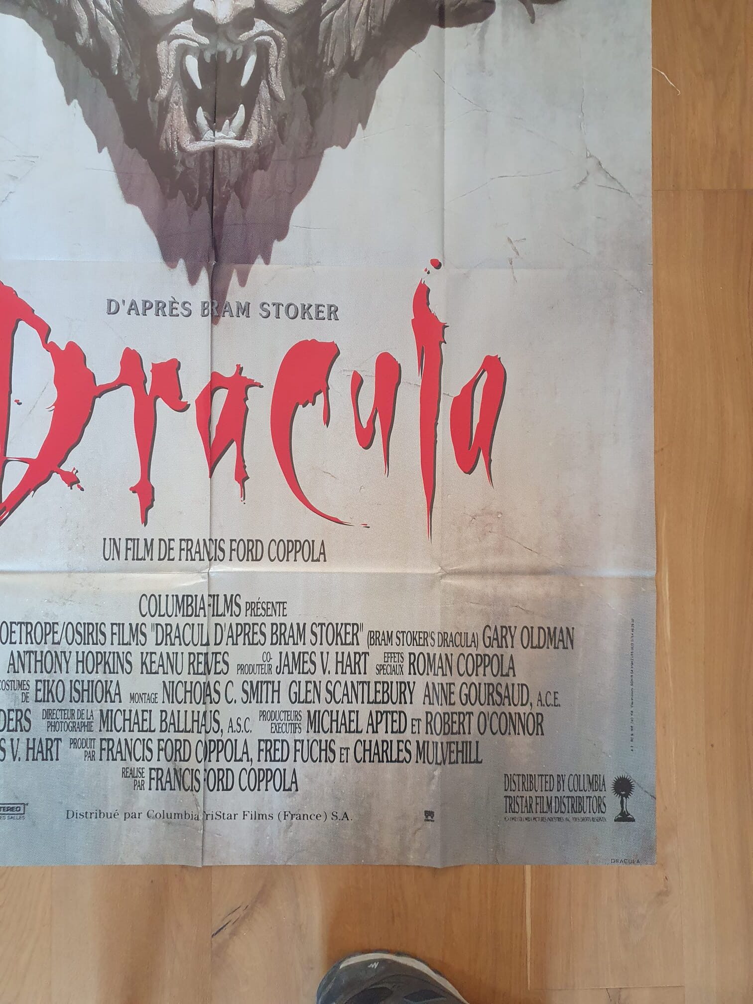 Affiche de cinéma « Dracula : L’amour est éternel » (120 × 160 cm) mettant en avant un titre rouge vif, les crédits de production et une chaussure partiellement visible dans le coin inférieur droit, sur un fond représentant un parquet.