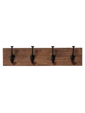 Le porte-manteau mural « Cheyenne » en bois recyclé – 4 crochets est un porte-manteau mural fabriqué à partir de bois de récupération, doté de quatre crochets en métal noir espacés de manière régulière sur toute sa longueur.