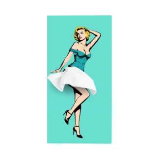 Bien sûr ! Voici une phrase réécrite qui intègre les informations sur le produit : Illustration pop art représentant une femme vêtue d'une robe bleue sans bretelles, debout sur une jambe, dont la jupe est composée de papier de soie issu de la « Boîte à mouchoirs design Pop Art – 3 coloris », le tout sur fond bleu sarcelle uni.