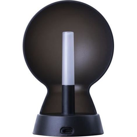 Une lampe LED Mr Bio Lamp-Xoopar élégante, noire et de forme circulaire, dotée d'un tube lumineux dépoli au centre et d'un socle arrondi avec un port de recharge USB intégré.