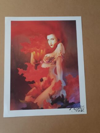 Une peinture numérique intitulée « Lithographie Femme fatale – 40 × 50 cm » représente une femme nue partiellement recouverte de formes rouges ressemblant à des pétales, sur un fond rouge fumé, avec la signature de l'artiste dans le coin inférieur droit.
