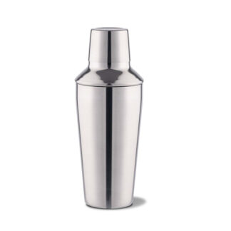 Un shaker à cocktail en acier inoxydable noir avec une passoire intégrée (800 ml), posé à la verticale sur un fond blanc.