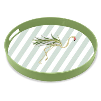 Un plateau rond de style Pop Art (Ø 33 cm) dont le fond est rayé de blanc et de vert pâle, orné d'une illustration de style collage représentant un flamant rose aux ailes composées de feuilles vertes.