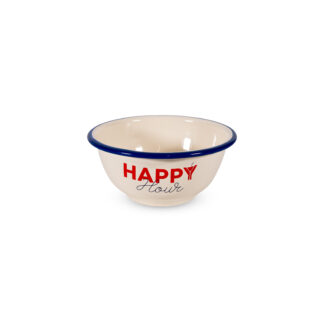 L’apéritif émaillé Bol « Happy Hour » – 400 ml – Ø 14 cm est un bol de couleur crème bordé de bleu, sur lequel figure l'inscription « HAPPY Hour » en lettres rouges et noires, le « Y » de « HAPPY » étant remplacé de manière originale par le motif d'un verre à martini. Le bol est représenté au centre d'un fond blanc.