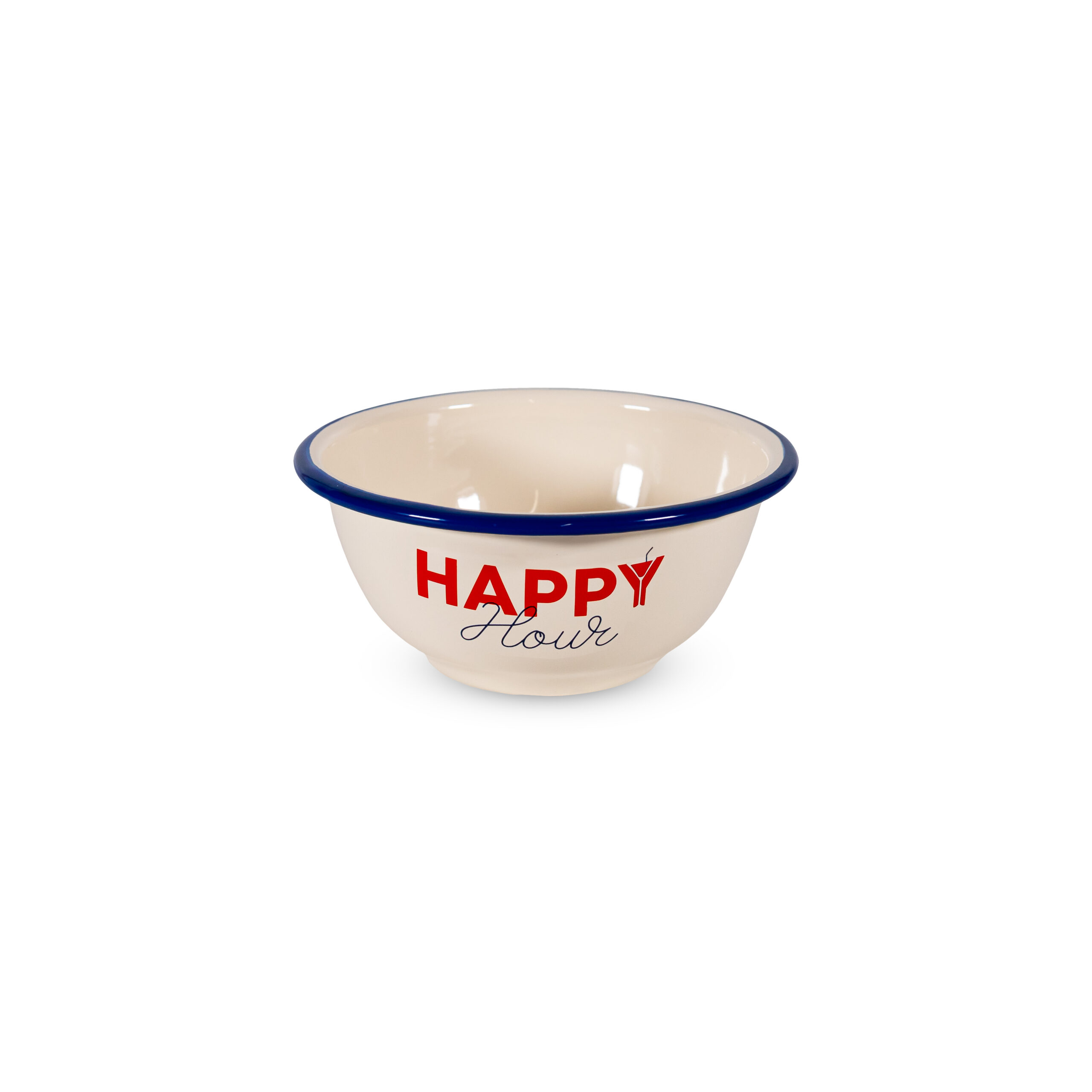 L’apéritif émaillé Bol « Happy Hour » – 400 ml – Ø 14 cm est un bol de couleur crème bordé de bleu, sur lequel figure l'inscription « HAPPY Hour » en lettres rouges et noires, le « Y » de « HAPPY » étant remplacé de manière originale par le motif d'un verre à martini. Le bol est représenté au centre d'un fond blanc.