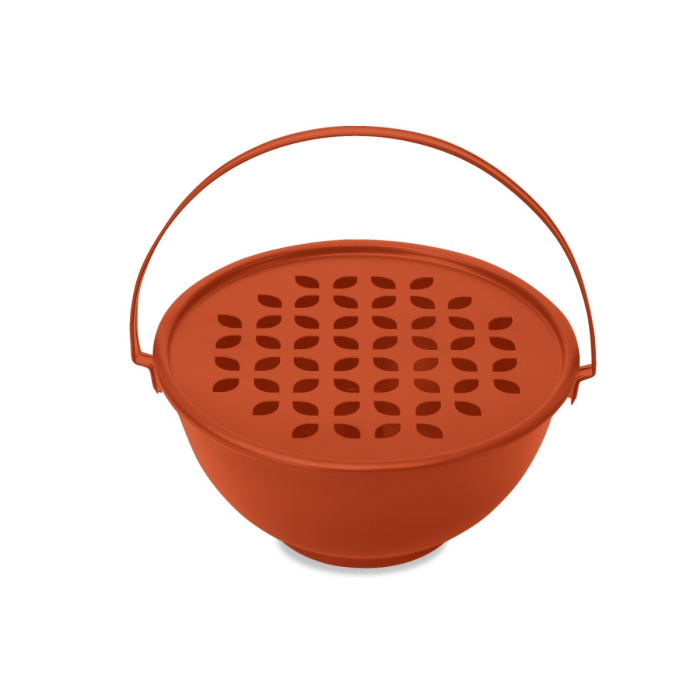 Un support magnétique rouge en forme de spirale anti-moustiques, muni d'un couvercle assorti orné de motifs ajourés et doté de poignées latérales incurvées.