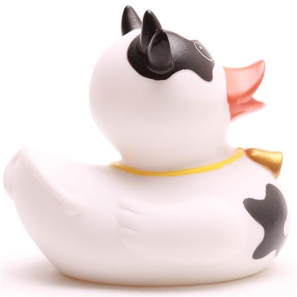 Canard de bain « Fan de football France » : canard en caoutchouc blanc orné de taches noires rappelant celles d'une vache, de petites cornes et d'un collier muni d'une clochette jaune.