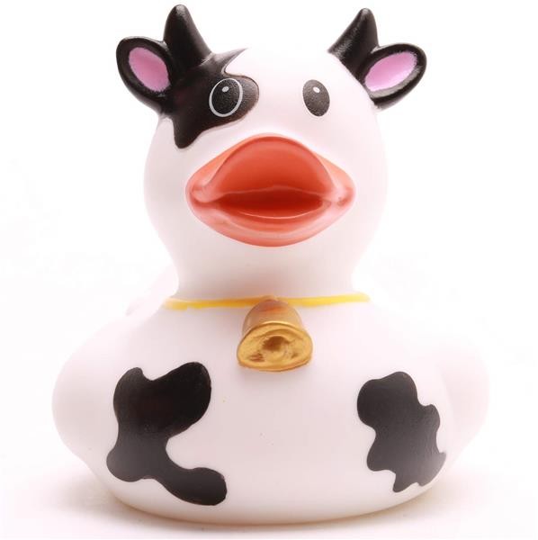 Canard de bain « Fan de football France », en forme de vache noire et blanche, avec une clochette dorée autour du cou.