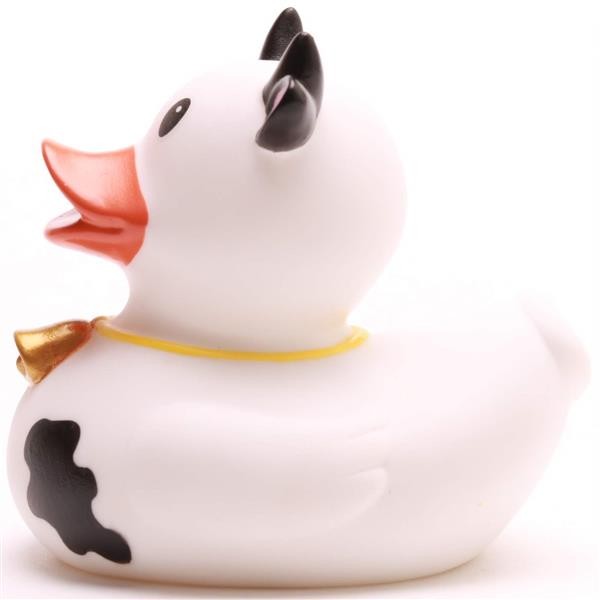 Canard de bain « Fan de football France » : canard en caoutchouc blanc orné de taches noires rappelant celles d'une vache, de petites cornes noires et d'une clochette accrochée à un collier jaune.