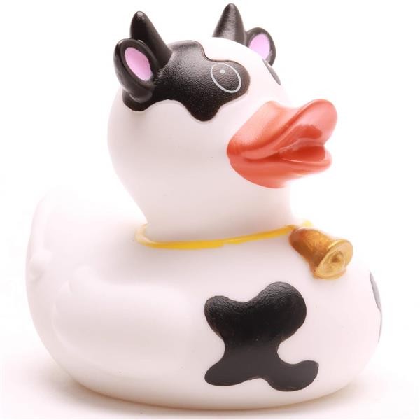 Canard de bain « Fan de football France » : canard en caoutchouc conçu pour ressembler à une vache, avec des taches noires, de petites cornes et une clochette dorée autour du cou.