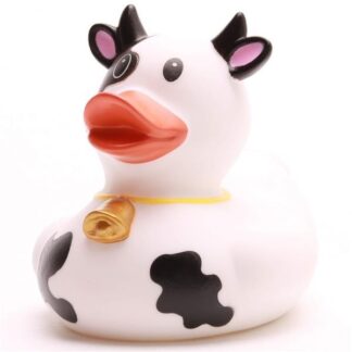 Canard de bain « Fan de football France », en forme de vache avec des taches noires, des cornes et une clochette autour du cou.