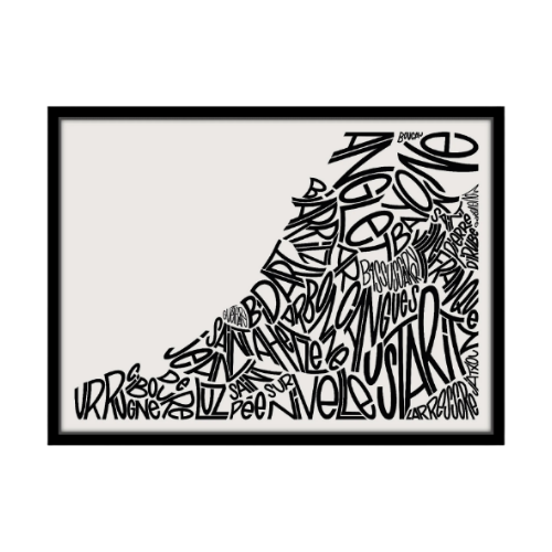 L'affiche « Côte Basque » présente un motif de vague composé de mots espagnols de tailles et de styles variés, le tout magnifiquement agencé pour former une œuvre d'art encadrée.