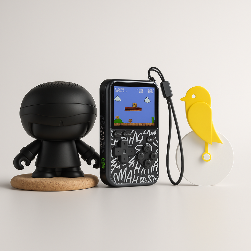 Une figurine noire, une console de jeu rétro affichant un jeu de pixels et un objet jaune en forme d'oiseau sur une base circulaire blanche sont disposés sur une surface neutre.